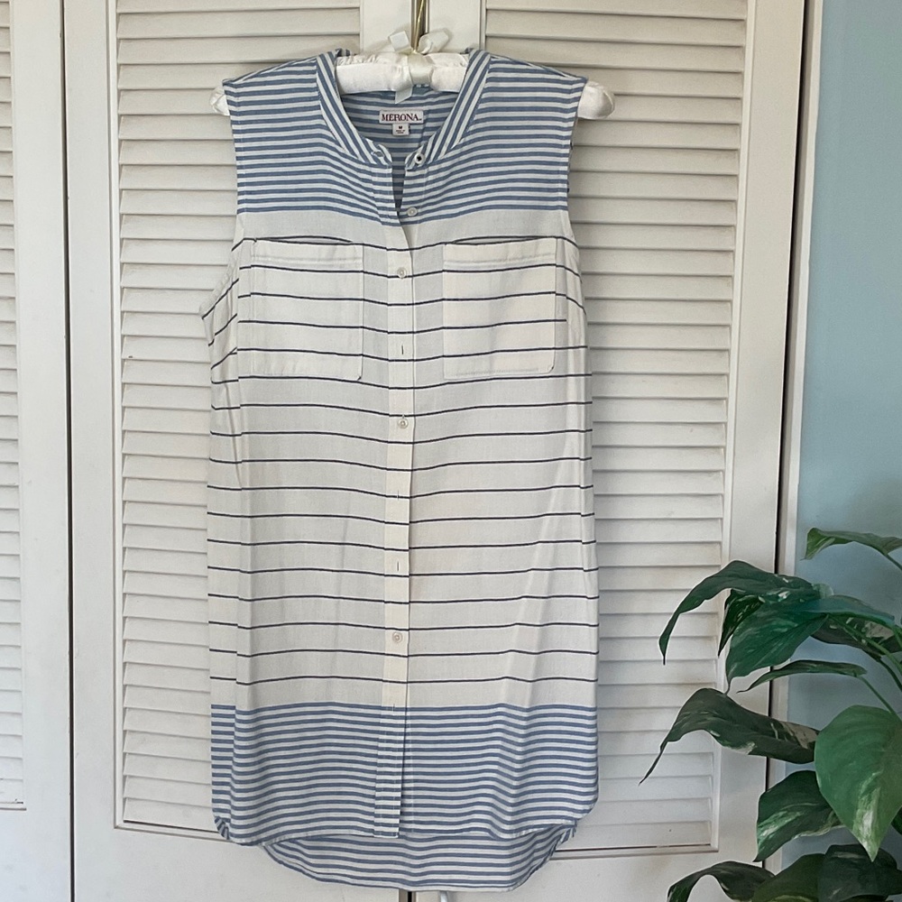 Merona Sleeveless Button-Down Striped Shirt Dress Tunic in Cream and Light Blue